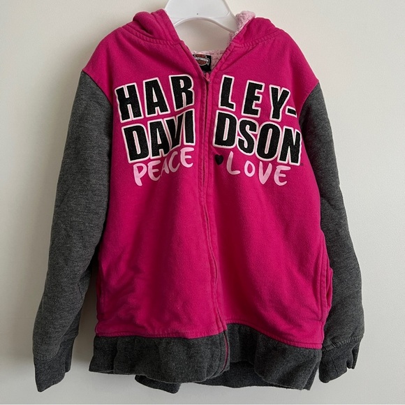 Harley-Davidson Kids Pink and Gray Zip Up Hoodie Fleece Lined-Size 6 Girls - Picture 1 of 9
